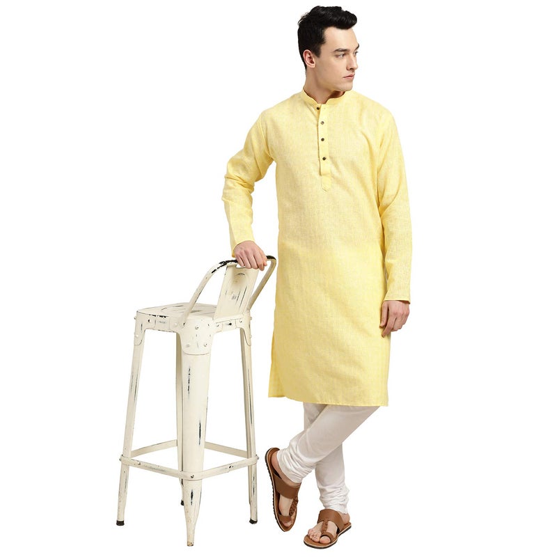 Sojanya (Since 1958 Men'S Cotton Linen Yellow Checked Only Long Kurta, Size 36 - Image 5
